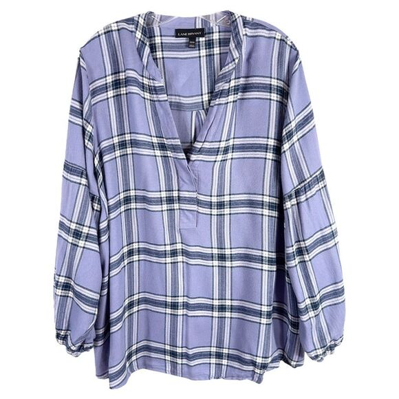 Lane Bryant Plus Size 22 24 Top Plaid Blue Soft Bishop Sleeve V Neck‎ 493 - Picture 9 of 9